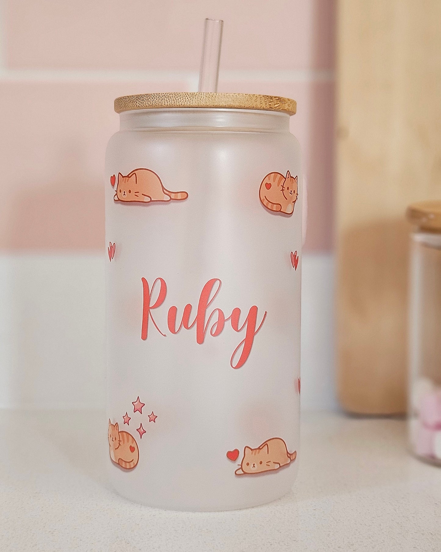 Personalised cat frosted glass tumbler with bamboo lid