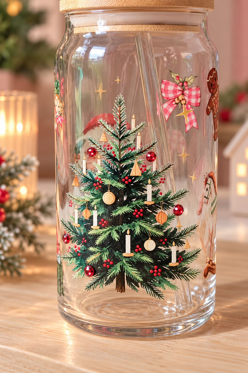 Vintage Christmas inspired Glass Cup with Novelty Straw