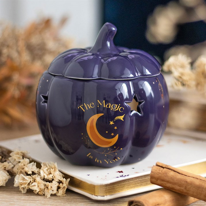 Purple pumpkin-shaped container with decorative elements on a white surface with dried flowers and cinnamon sticks.