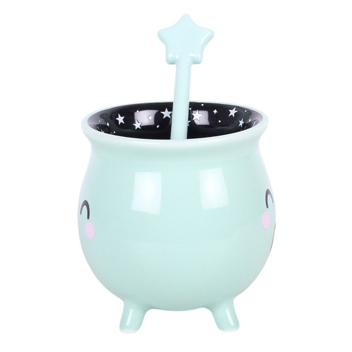 Mint Green Halloween Cauldron Mug with Wand Stirrer