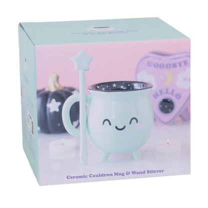 Mint Green Halloween Cauldron Mug with Wand Stirrer