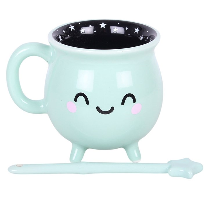 Mint Green Halloween Cauldron Mug with Wand Stirrer