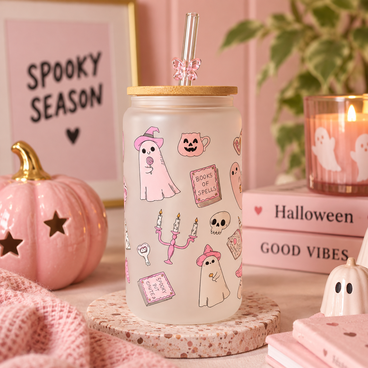Frosted glass pink ghosts halloween cup