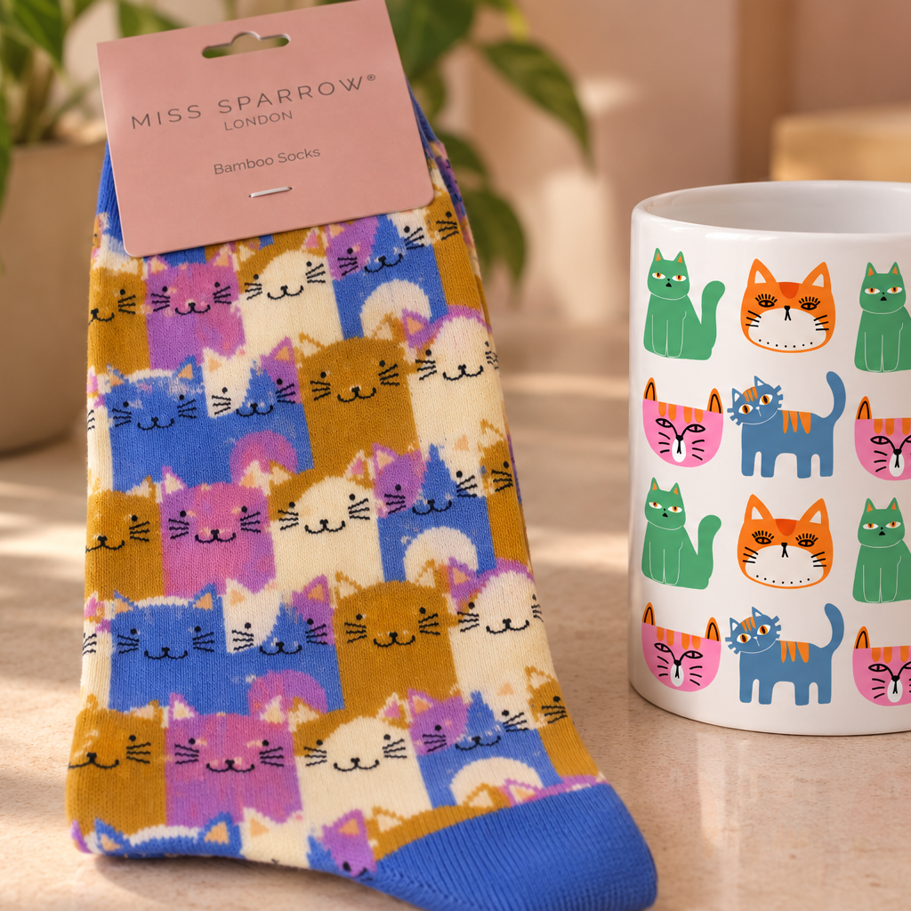 A pair of colorful socks and a white ceramic mug with matching cartoon cat prints, displayed on a tabletop. The socks have a pink paper hanger tag reading Miss Sparser London, and the mug features a grid of green, pink, blue, and orange cats.