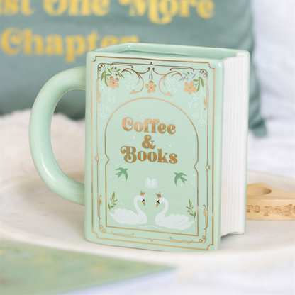 green book mug with metallic gold coloured text saying coffee and books