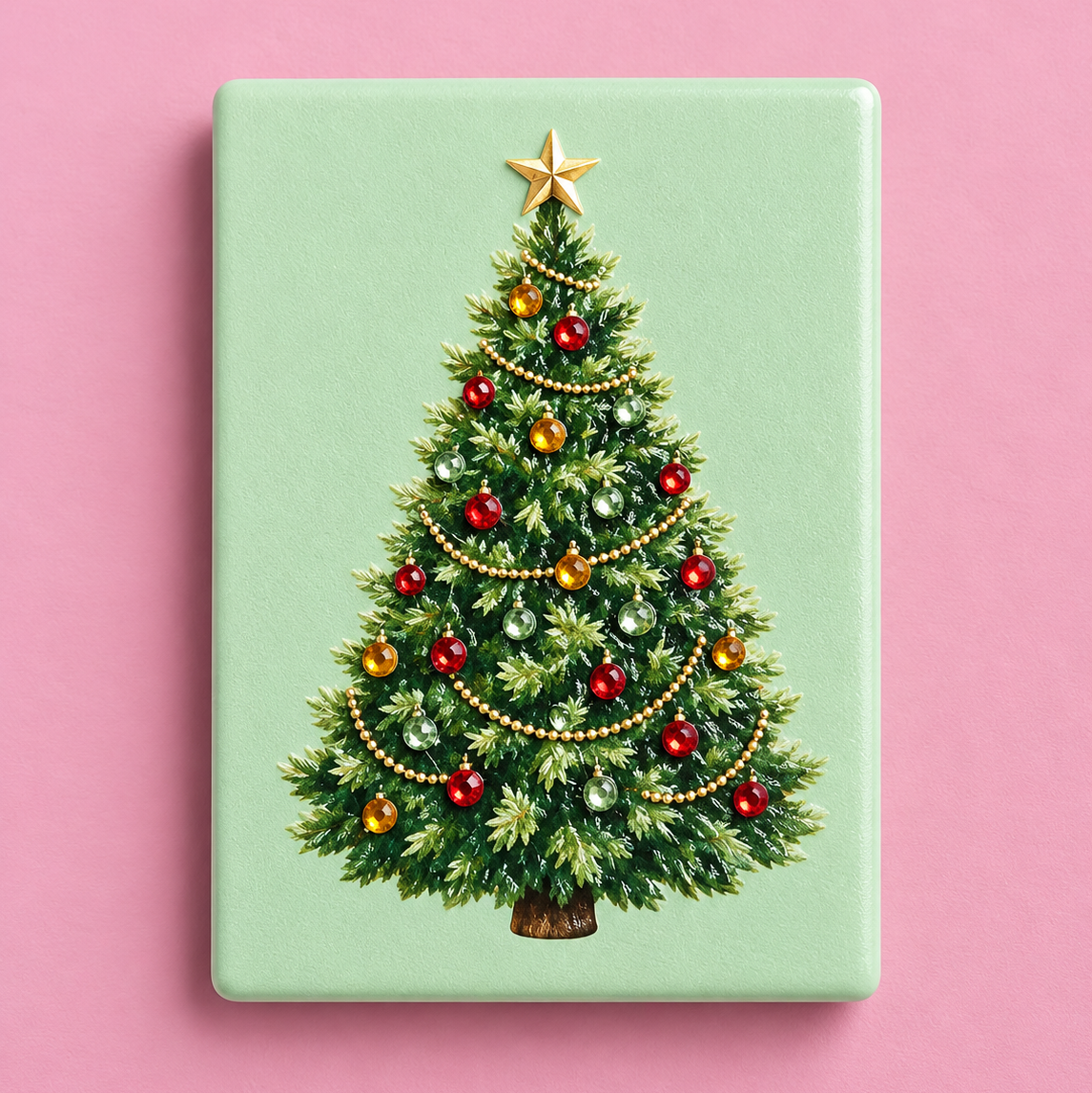 A rectangular mint green card or magnet featuring a vintage-style illustration of a decorated Christmas tree, set against a solid pink background.
