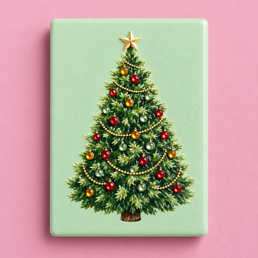 A rectangular mint green card or magnet featuring a vintage-style illustration of a decorated Christmas tree, set against a solid pink background.