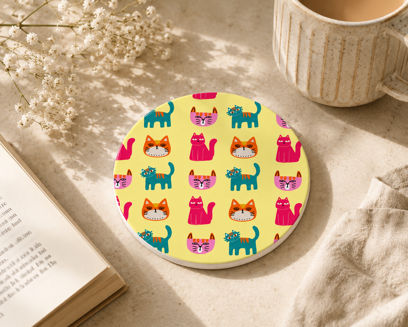 A ceramic coaster with multiple cartoon cats