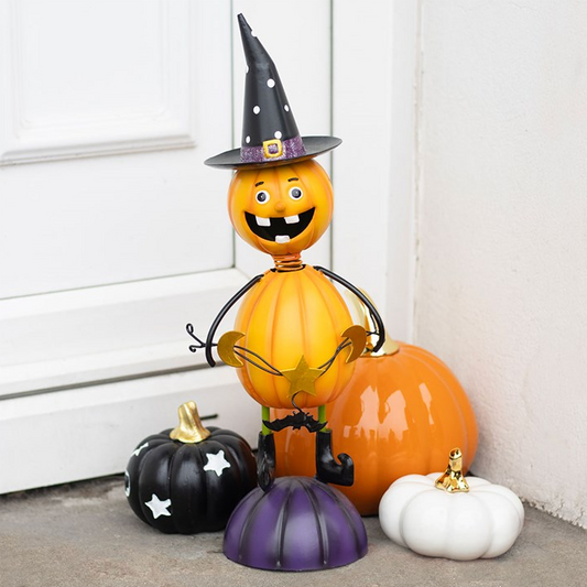 Orange Metal Pumpkin Man Ornament with Witch Hat