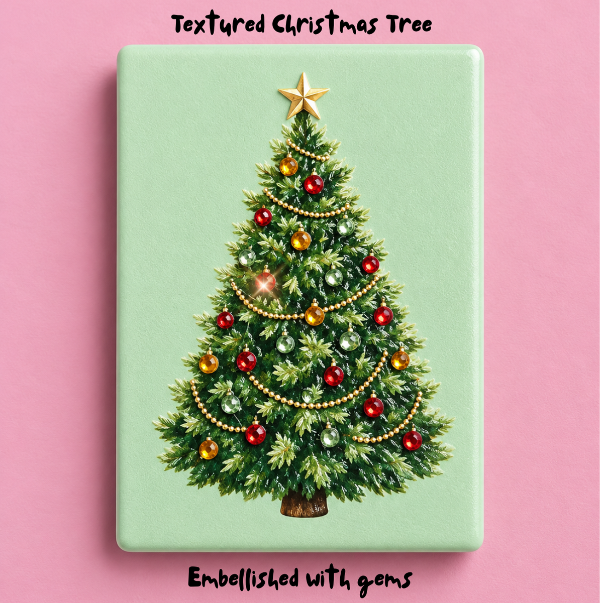 A rectangular product with rounded corners featuring a printed Christmas tree illustration on a pale mint green background. The tree is decorated with red and gold ornaments, gold bead garlands, and a gold star on top.