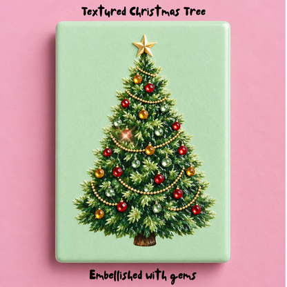 A rectangular product with rounded corners featuring a printed Christmas tree illustration on a pale mint green background. The tree is decorated with red and gold ornaments, gold bead garlands, and a gold star on top.