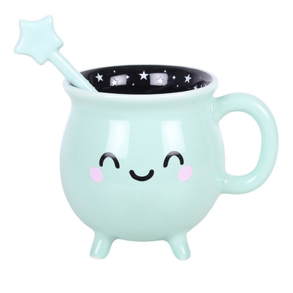 Mint Green Halloween Cauldron Mug with Wand Stirrer