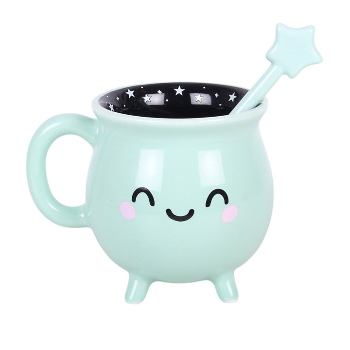 Mint Green Halloween Cauldron Mug with Wand Stirrer