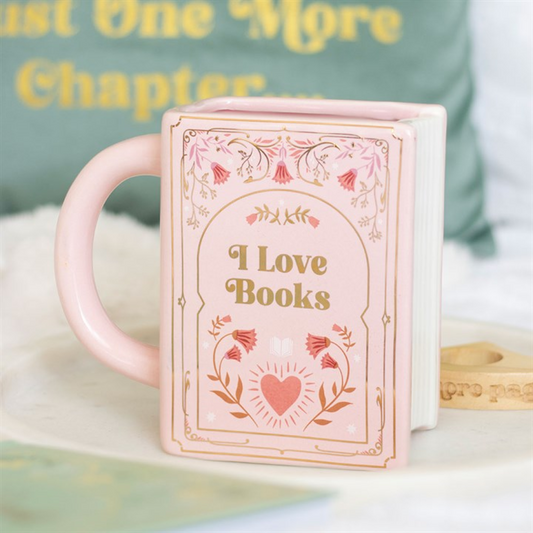 ceramic pink book mug with words i love books in metallic gold colour