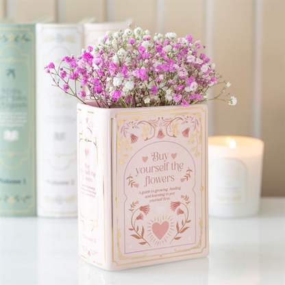 pink ceramic book vase with buy yourself the flowers text