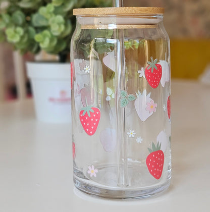 Glass Strawberry Tumbler with Bamboo Lid