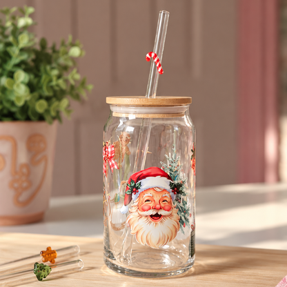 Vintage Christmas inspired Glass Cup with Novelty Straw