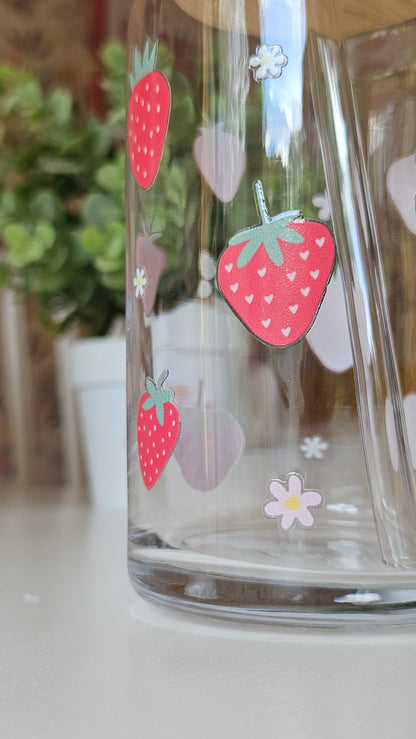 Glass Strawberry Tumbler with Bamboo Lid