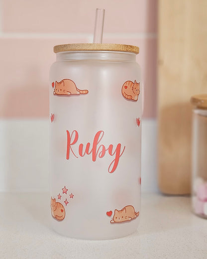 Personalised cat frosted glass tumbler with bamboo lid