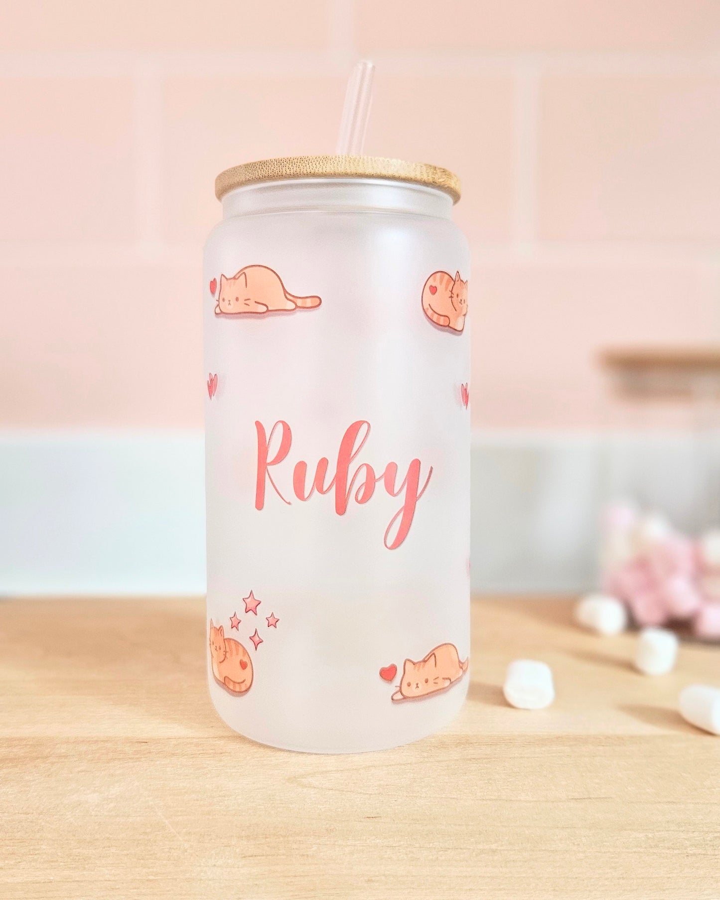Personalised cat frosted glass tumbler with bamboo lid