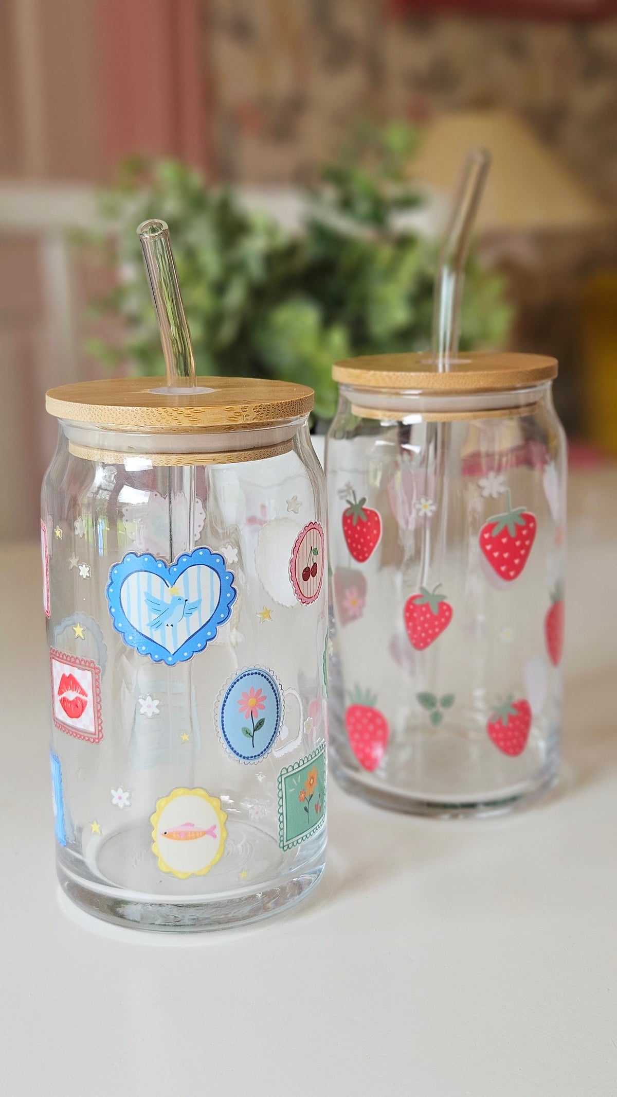 Glass Strawberry Tumbler with Bamboo Lid