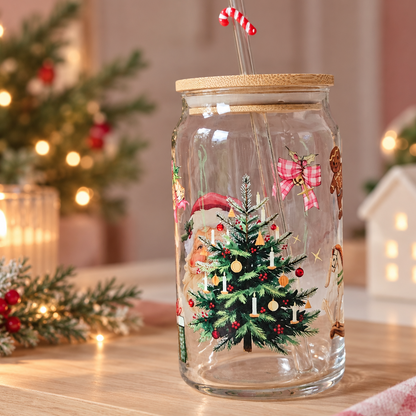 Vintage Christmas inspired Glass Cup with Novelty Straw